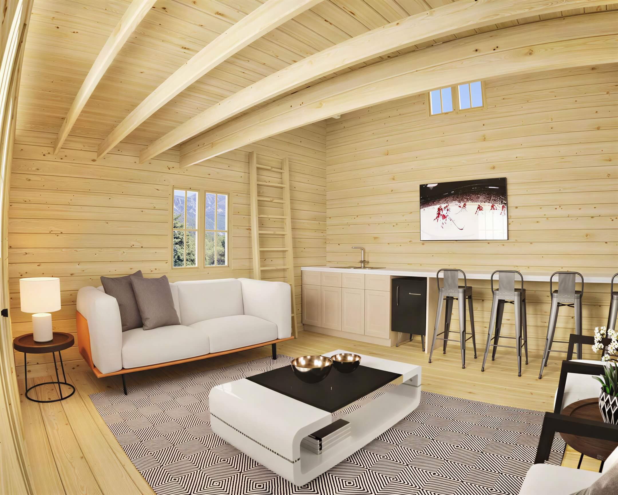 Cozy living area of Sawmill Structures The Northwood Grand SD 70mm Garden Room features a white sofa, kitchen bar with stools, and large windows for natural light
