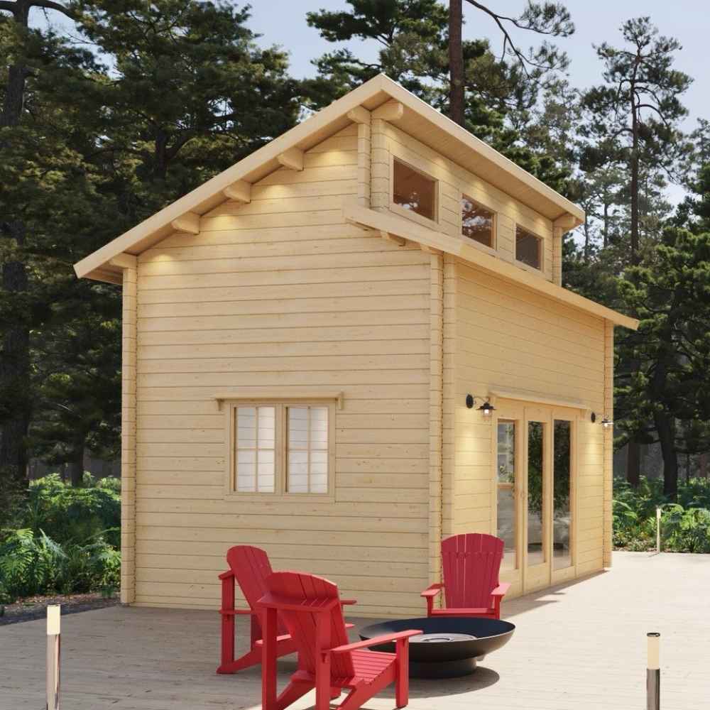 Cozy wooden structure with tall clerestory windows and a side patio with red chairs defines Sawmill Structures The Versa 160 Atrium Loft 70MM Garden Room