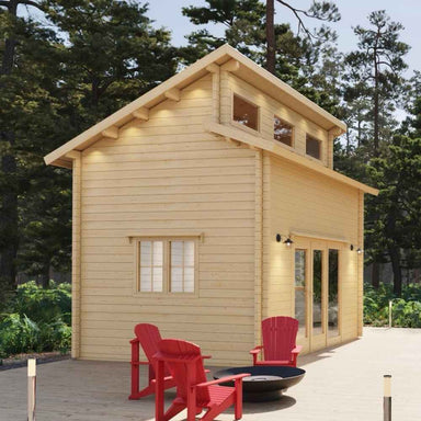 Cozy wooden structure with tall clerestory windows and a side patio with red chairs defines Sawmill Structures The Versa 160 Atrium Loft 70MM Garden Room