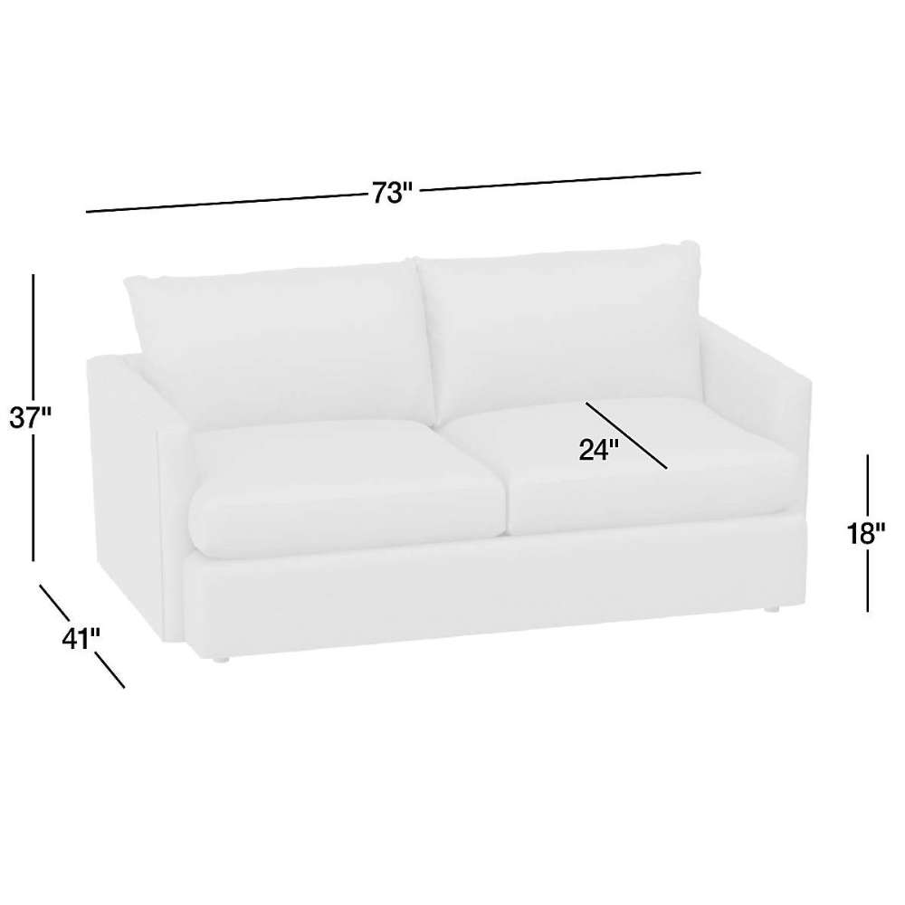 Crate & Barrel 73" Lounge Sofa dimensions showing a 73-inch width, 41-inch depth, 37-inch height, 24-inch seat depth, and 18-inch seat height