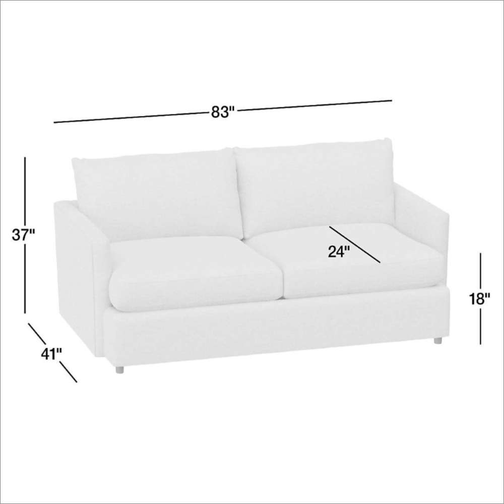 Crate & Barrel 83" Lounge Sofa dimensions showing an 83-inch width, 41-inch depth, 37-inch height, 24-inch seat depth, and 18-inch seat height
