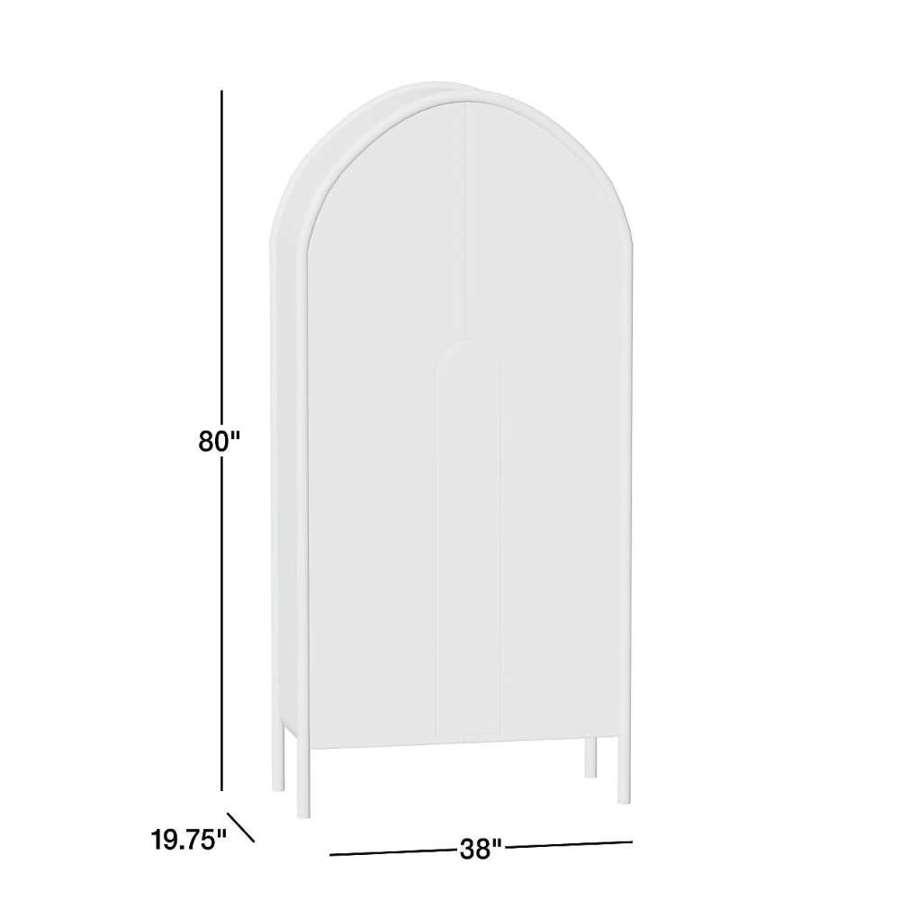 Crate & Barrel Annie 38" Whitewash Storage Cabinet shown with dimensions, featuring an arched silhouette measuring 80 inches high, 38 inches wide, and 19.75 inches deep