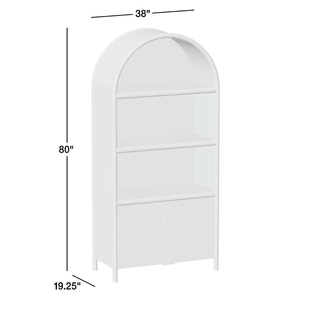 Crate & Barrel Annie 38" Whitewashed Wood Storage Bookcase with Shelves dimensions showing an 80-inch tall bookcase with open shelving and cabinet storage