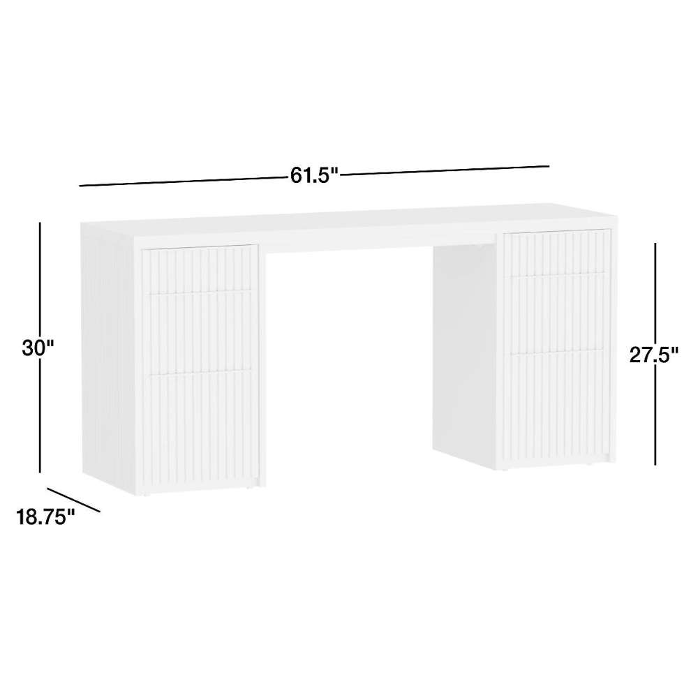 Crate & Barrel Batten 62" White Oak Wood Console Desk with White Marble Top dimensions: 61.5"W x 18.75"D x 30"H with dual drawer storage