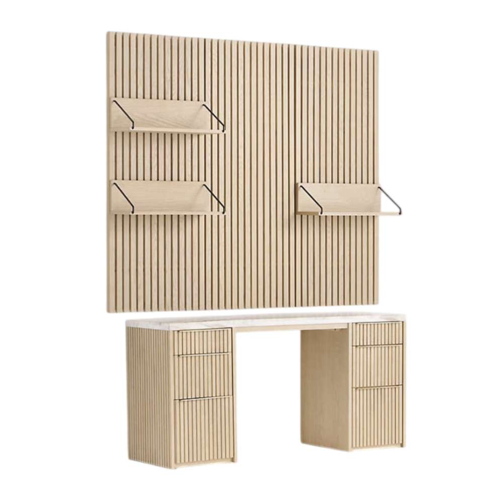 Crate & Barrel Batten 62" White Oak Wood Desk with White Marble Top and Panel Set with 3 Reversible Shelves featuring a matching slatted wall panel and three adjustable shelves