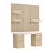 Crate & Barrel Batten 62" White Oak Wood Desk with White Marble Top and Panel Set with 3 Reversible Shelves featuring a matching slatted wall panel and three adjustable shelves