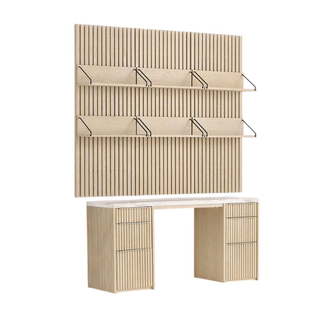 Crate & Barrel Batten 62" White Oak Wood Desk with White Marble Top and Panel Set with 6 Reversible Shelves featuring a slatted wall panel with six adjustable storage shelves