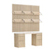 Crate & Barrel Batten 62" White Oak Wood Desk with White Marble Top and Panel Set with 6 Reversible Shelves featuring a slatted wall panel with six adjustable storage shelves
