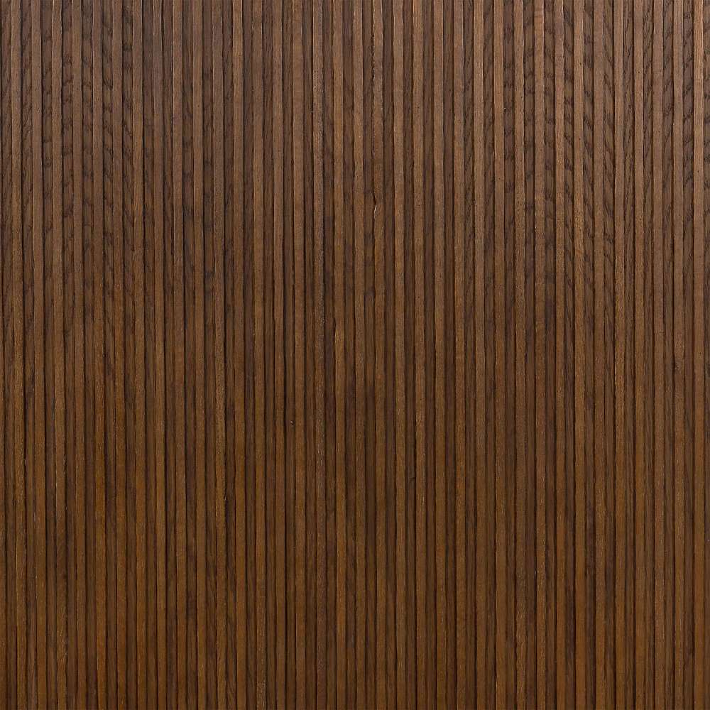 Crate & Barrel Baylor Brown Ribbed Solid Oak Wood Bed features a close-up of its dark brown ribbed solid oak wood grain with a rich natural finish