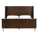 Crate & Barrel Baylor Brown Ribbed Solid Oak Wood Queen Bed is shown from the front with a tall ribbed headboard, matching footboard, and slim metal legs