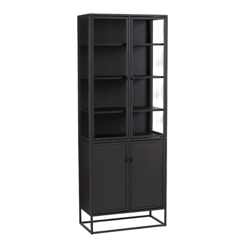 Crate & Barrel Casement 32" Black Storage Cabinet is shown from an angled front view with glass display shelves above and closed storage cabinets below