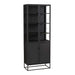 Crate & Barrel Casement 32" Black Storage Cabinet is shown from an angled front view with glass display shelves above and closed storage cabinets below