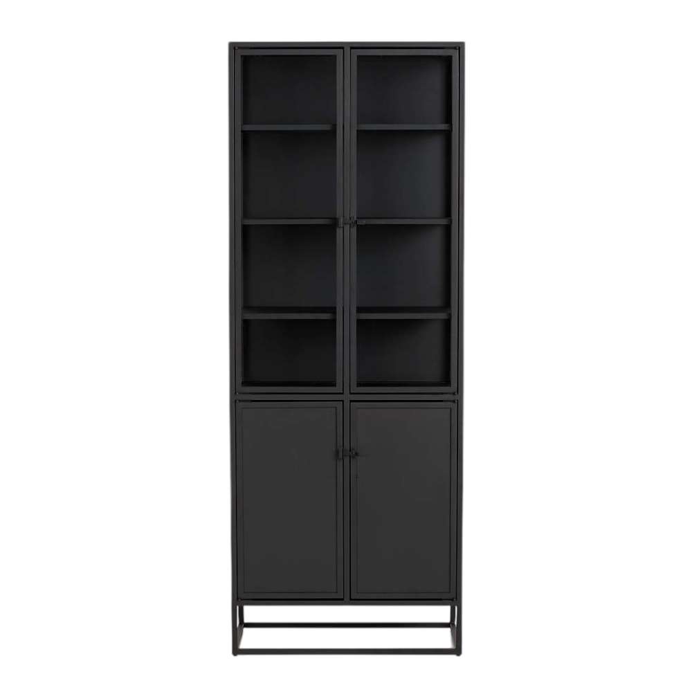 Crate & Barrel Casement 32" Black Storage Cabinet is shown from the front with four upper display shelves and two lower storage doors
