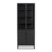 Crate & Barrel Casement 32" Black Storage Cabinet is shown from the front with four upper display shelves and two lower storage doors