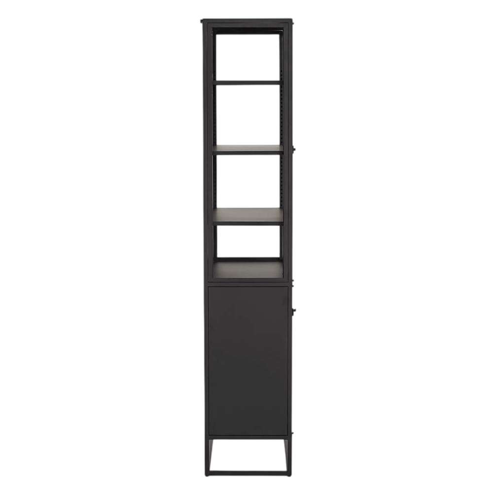Crate & Barrel Casement 32" Black Storage Cabinet is shown from the side, highlighting its slim profile, open display shelves, and lower enclosed cabinet