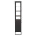Crate & Barrel Casement 32" Black Storage Cabinet is shown from the side, highlighting its slim profile, open display shelves, and lower enclosed cabinet