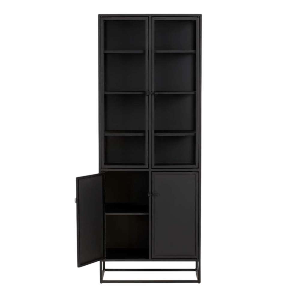 Crate & Barrel Casement 32" Black Storage Cabinet is shown with one lower cabinet door open, revealing an interior storage shelf