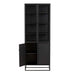 Crate & Barrel Casement 32" Black Storage Cabinet is shown with one lower cabinet door open, revealing an interior storage shelf