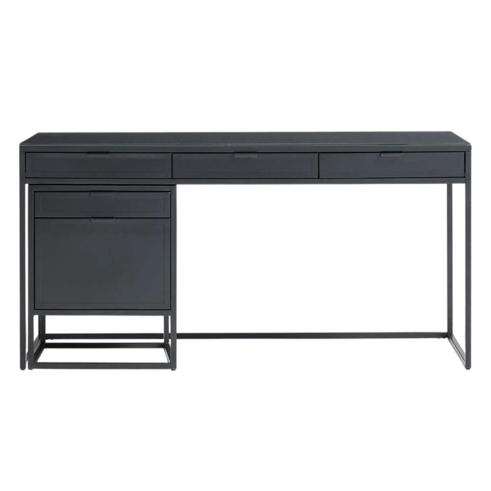 Crate & Barrel Casement 60" Black Metal Desk with File Cabinet paired with a matching black storage cabinet to create an extended workspace