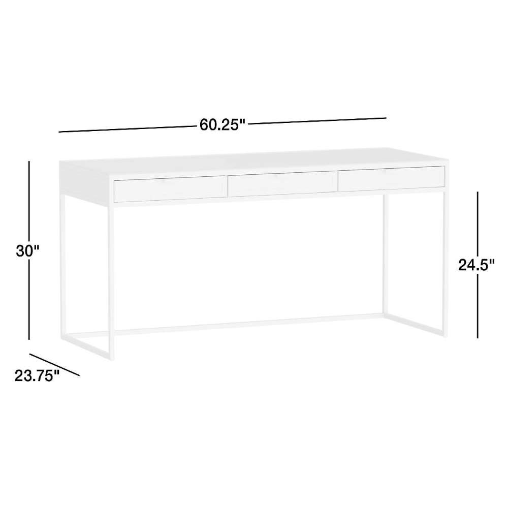 Crate & Barrel Casement 60" Black Metal Desk with a 60.25-inch wide top, 30-inch height, and 23.75-inch depth shown with labeled dimensions