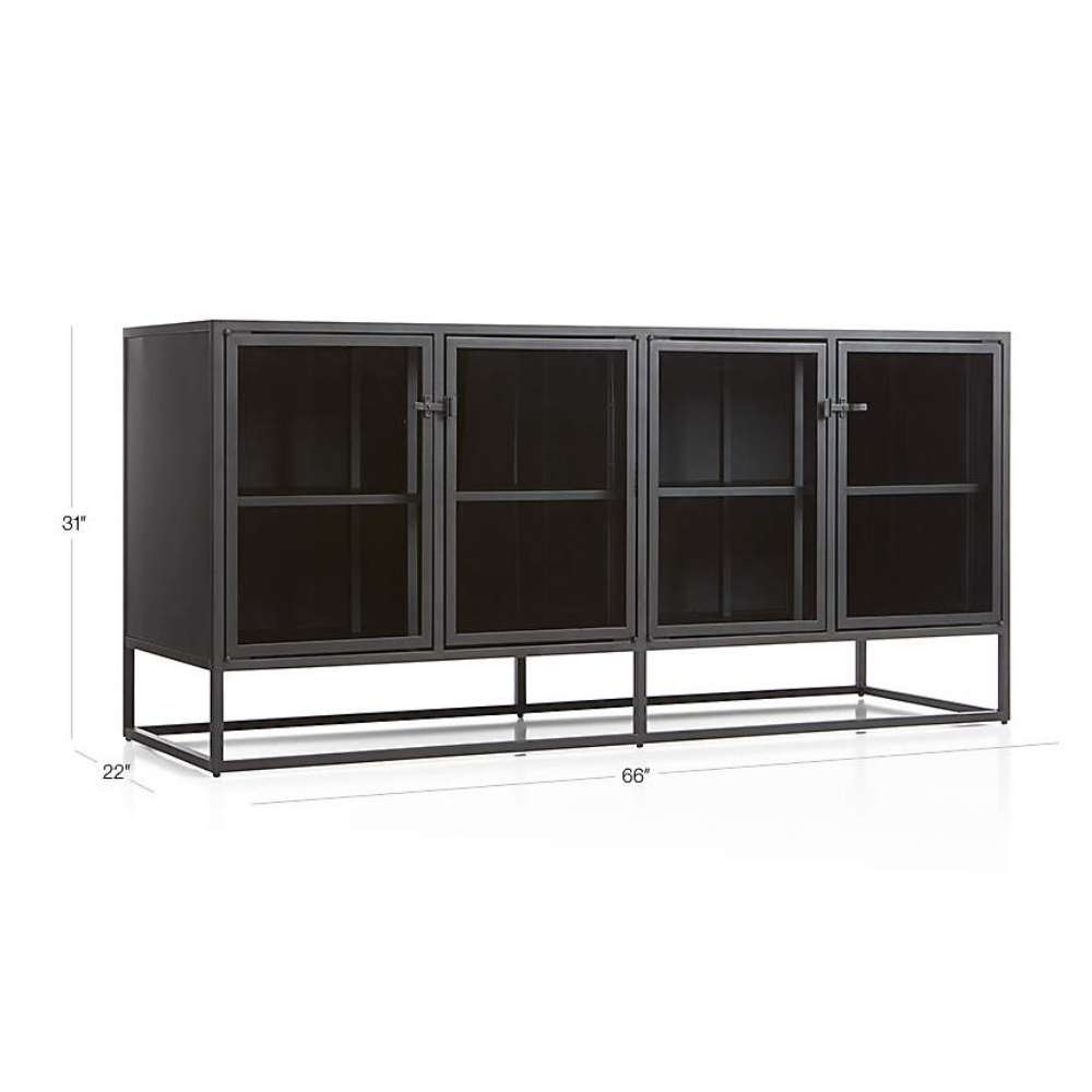 Crate & Barrel Casement 66" Black Credenza dimensions are shown as 66 inches wide, 22 inches deep, and 31 inches high