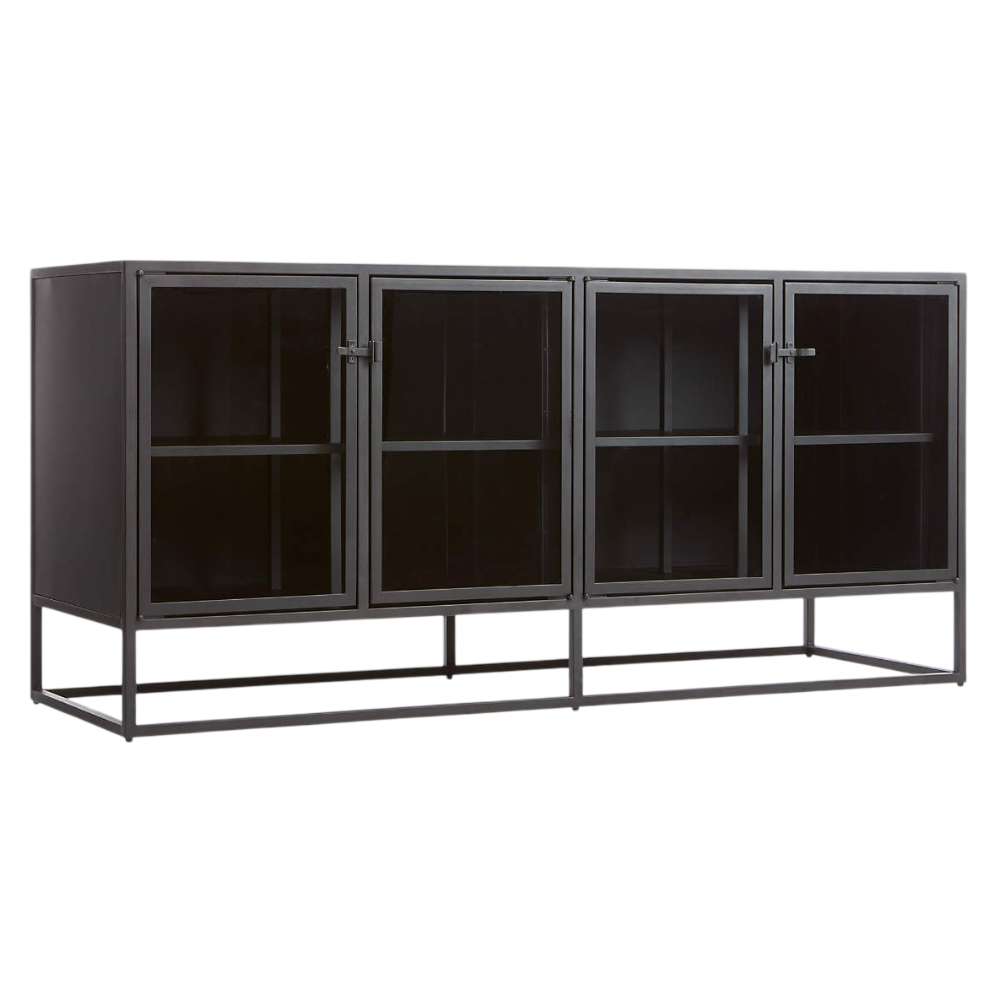 Crate & Barrel Casement 66" Black Credenza is shown from an angled view with four glass-front doors, interior shelves, and a slim black metal frame