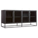 Crate & Barrel Casement 66" Black Credenza is shown from an angled view with four glass-front doors, interior shelves, and a slim black metal frame
