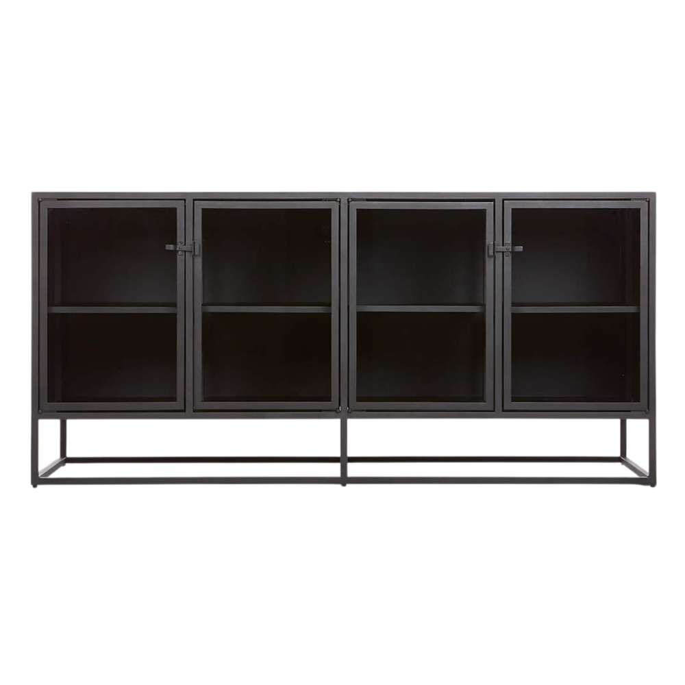 Crate & Barrel Casement 66" Black Credenza is shown from the front with four glass cabinet doors and two interior shelves for organized storage