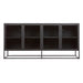 Crate & Barrel Casement 66" Black Credenza is shown from the front with four glass cabinet doors and two interior shelves for organized storage