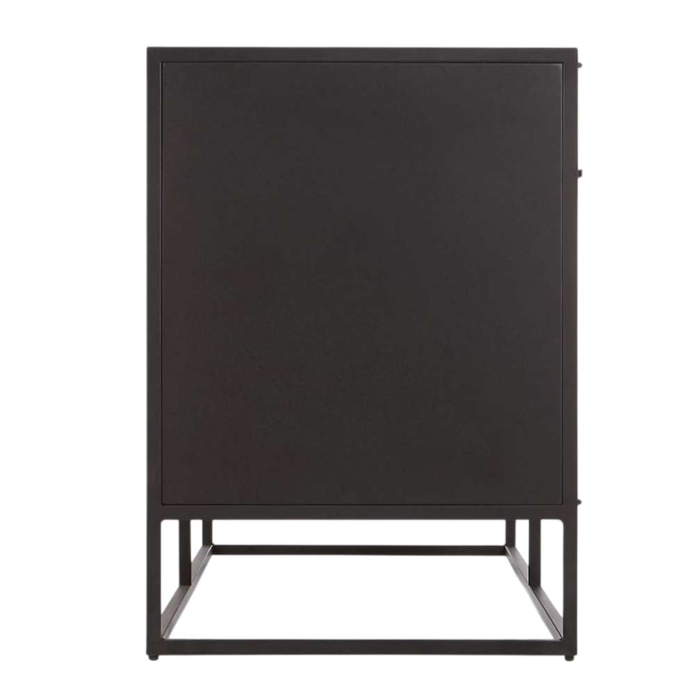 Crate & Barrel Casement 66" Black Credenza is shown from the side, highlighting its clean panel design and open metal base