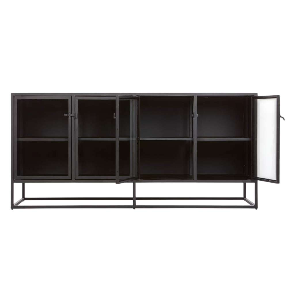 Crate & Barrel Casement 66" Black Credenza is shown with two cabinet doors open, revealing spacious interior shelves for storing books, dishes, or décor