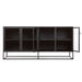 Crate & Barrel Casement 66" Black Credenza is shown with two cabinet doors open, revealing spacious interior shelves for storing books, dishes, or décor