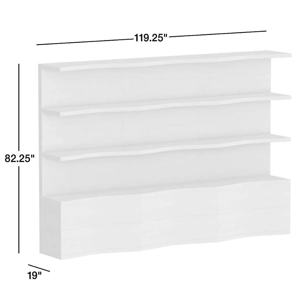 Crate & Barrel Coast 120" Whitewashed Oak Open Storage Bookcase, Set of 3 with dimensions showing an 82.25-inch height, 119.25-inch width, and 19-inch depth