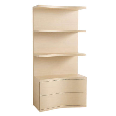 Crate & Barrel Coast 40" Whitewashed Oak Open Storage Bookcase shown from the front with three open shelves above two curved storage drawers