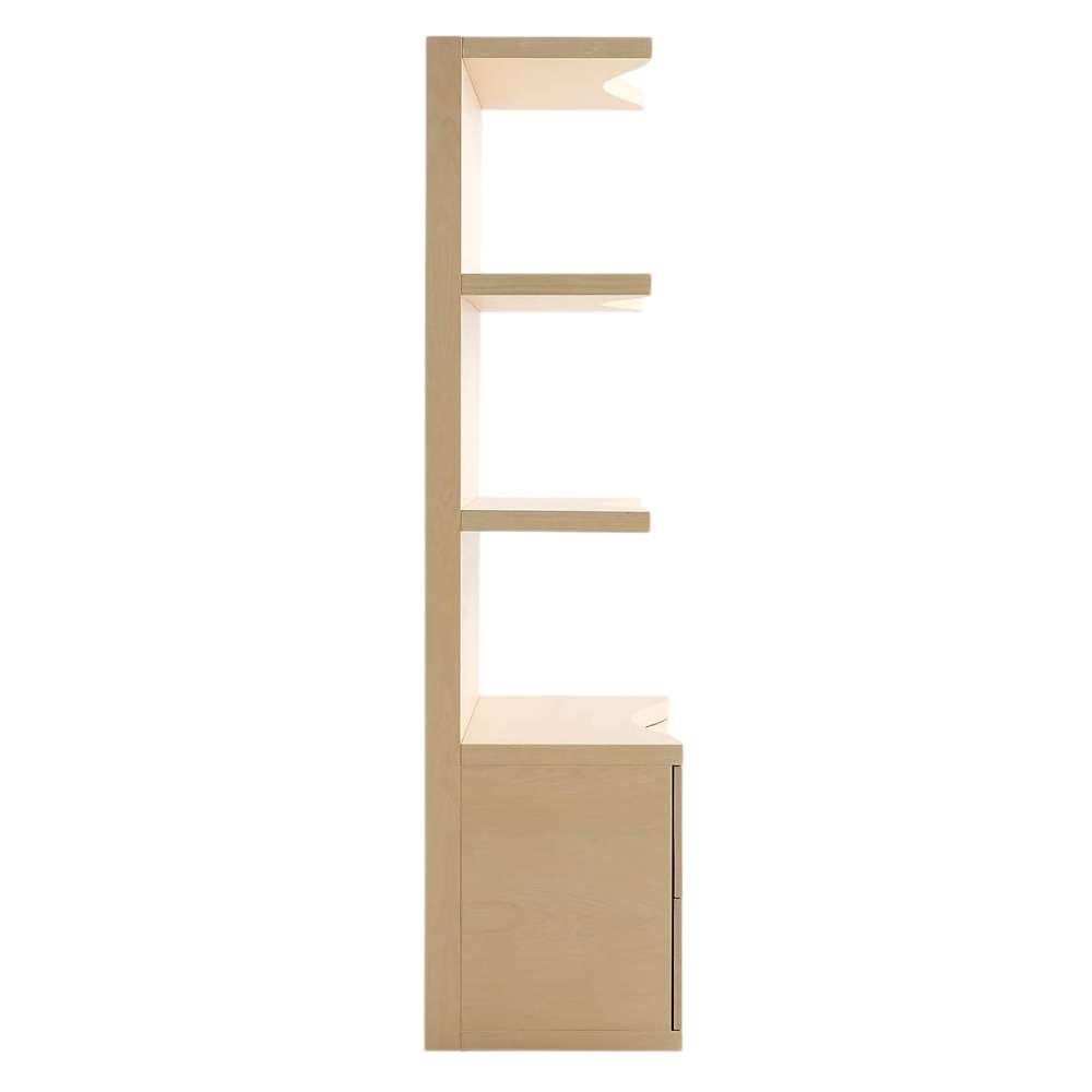 Crate & Barrel Coast 40" Whitewashed Oak Open Storage Bookcase shown from the side, highlighting its slim profile and open shelf design