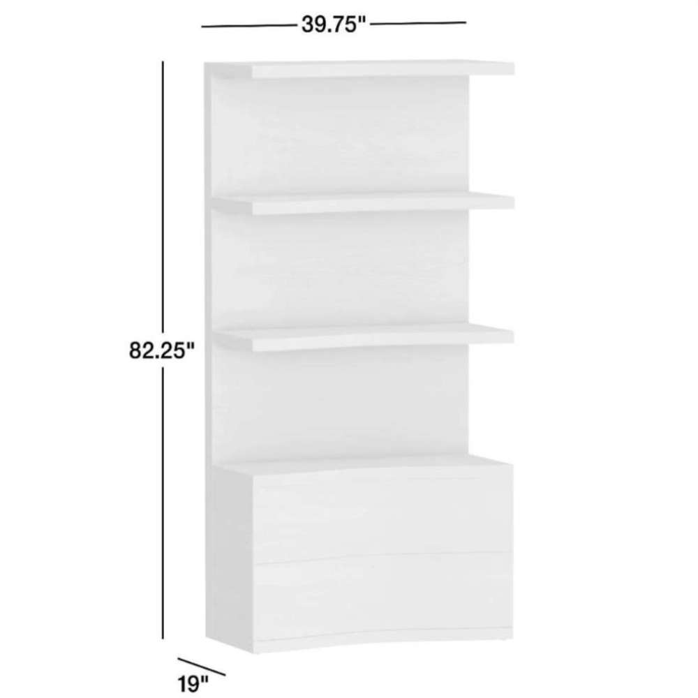Crate & Barrel Coast 40" Whitewashed Oak Open Storage Bookcase with dimensions showing an 82.25-inch tall design, 39.75-inch width, and 19-inch depth