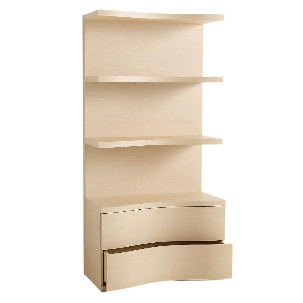 Crate & Barrel Coast 40" Whitewashed Oak Open Storage Bookcase with the lower drawer partially open to reveal spacious hidden storage