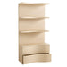 Crate & Barrel Coast 40" Whitewashed Oak Open Storage Bookcase with the lower drawer partially open to reveal spacious hidden storage