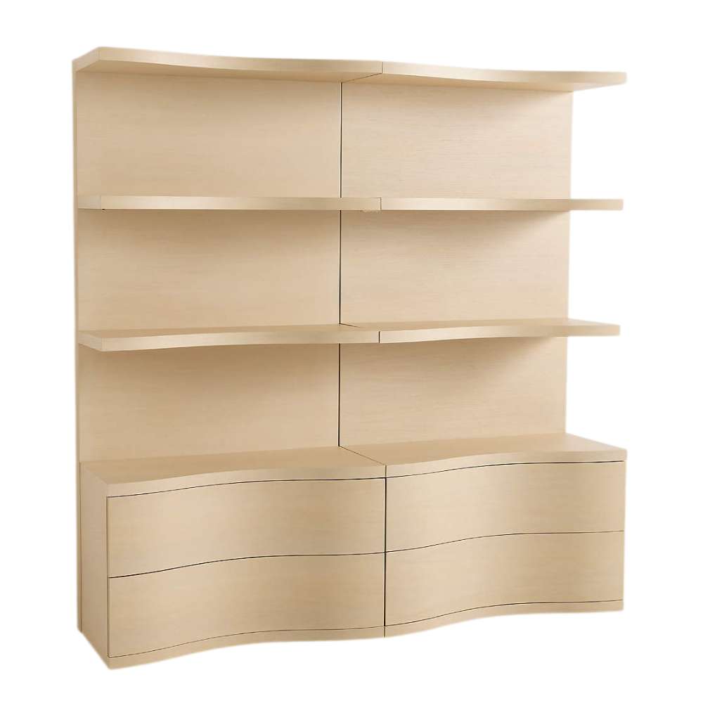 Crate & Barrel Coast 80" Whitewashed Oak Open Storage Bookcase, Set of 2 shown empty to highlight the wide shelving and matching curved drawer design