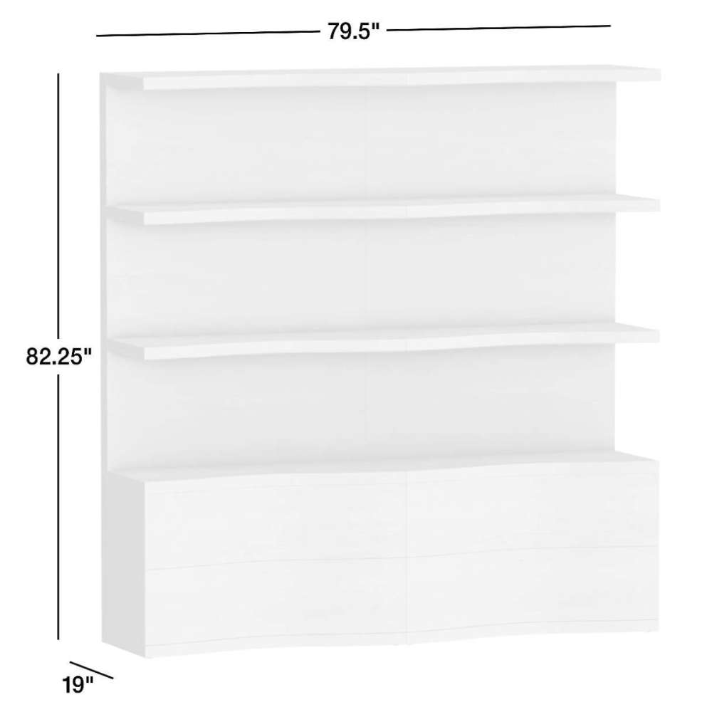 Crate & Barrel Coast 80" Whitewashed Oak Open Storage Bookcase, Set of 2 with dimensions showing an 82.25-inch height, 79.5-inch width, and 19-inch depth