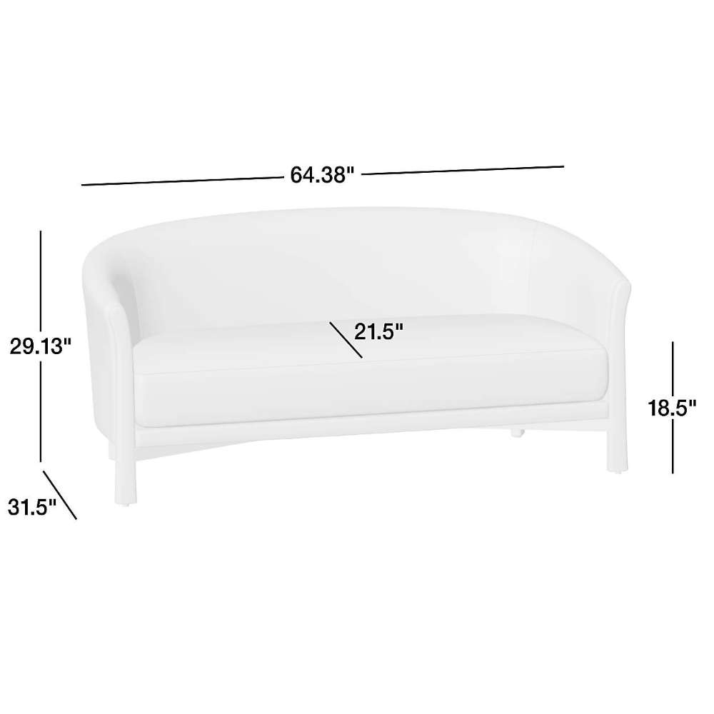 Crate & Barrel Contour Sofa dimensions shown with a curved back, wide seat, and labeled measurements for width, height, depth, and seat size