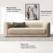Crate & Barrel Contour Sofa infographic highlighting its curved shelter arms, medium-firm support, and durable high-resiliency cushions