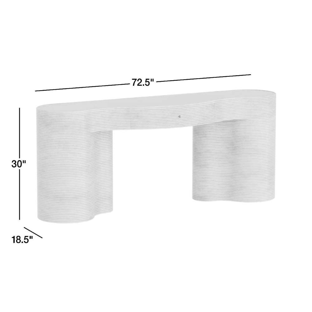Crate & Barrel Delphine 73" Storage Console Table Desk dimensions showing a 72.5-inch width, 30-inch height, and 18.5-inch depth