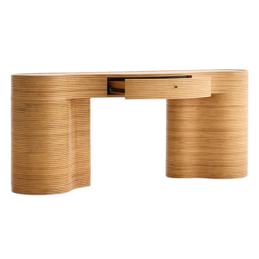 Crate & Barrel Delphine 73" Storage Console Table Desk with the center drawer partially open to display hidden storage space