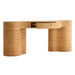 Crate & Barrel Delphine 73" Storage Console Table Desk with the center drawer partially open to display hidden storage space