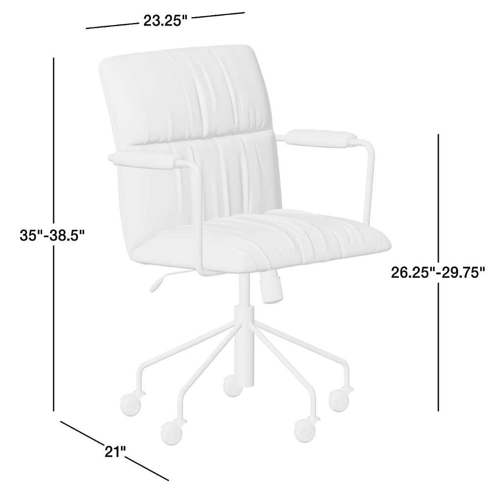 Crate & Barrel Draper Ginger Upholstered Office Chair dimensions showing a height of 35 to 38.5 inches, width of 23.25 inches, depth of 21 inches, and adjustable seat height of 26.25 to 29.75 inches