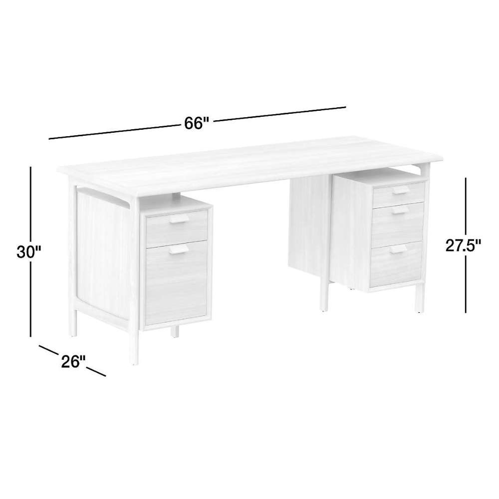 Crate & Barrel Elias 66" Natural Elm Wood Desk with File Cabinet dimensions are shown, highlighting its 66-inch width, 30-inch height, 26-inch depth, and dual file cabinet design