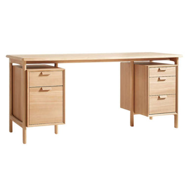 Crate & Barrel Elias 66" Natural Elm Wood Desk with File Cabinet displays its clean design with two utility drawers and two file drawers