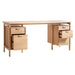 Crate & Barrel Elias 66" Natural Elm Wood Desk with File Cabinet features partially open drawers, revealing convenient storage for office supplies and files