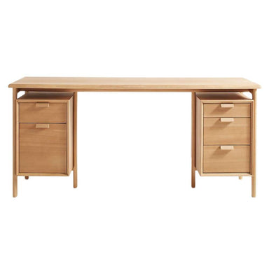 Crate & Barrel Elias 66" Natural Elm Wood Desk with File Cabinet front view showcases its spacious desktop and dual pedestal storage with file drawers